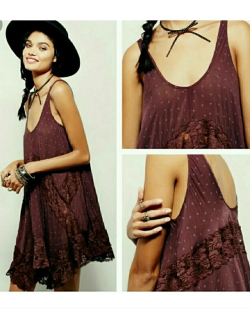 RARE Free People She Swings Slip Lace Mini Dress Medium Burgundy Brown Bohemian